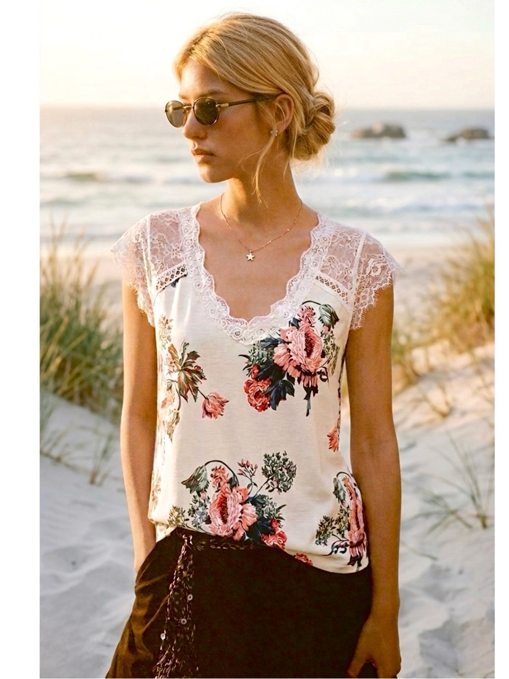 Boho Floral Lace-Accent V-Neck Tunic Top White Pink Blouse XL Shirt